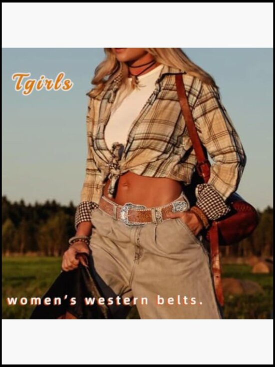 Western Leather Belt with Gold Buckle Vintage Cowboy Style for Jeans